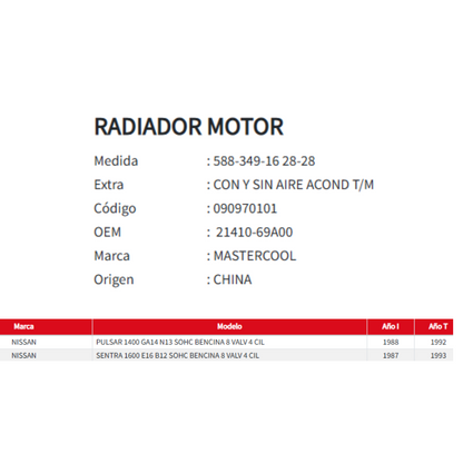 Radiador Motor Nissan Sentra - Pulsar 1.4 / 1.6 (1987 al 1993)