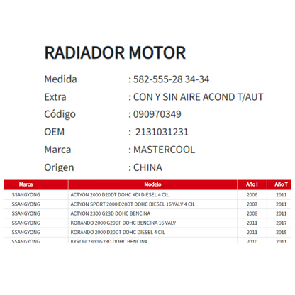 Radiador Motor SsangYong Actyon - Korando 2.0 / 2.3 (2006 al 2017)