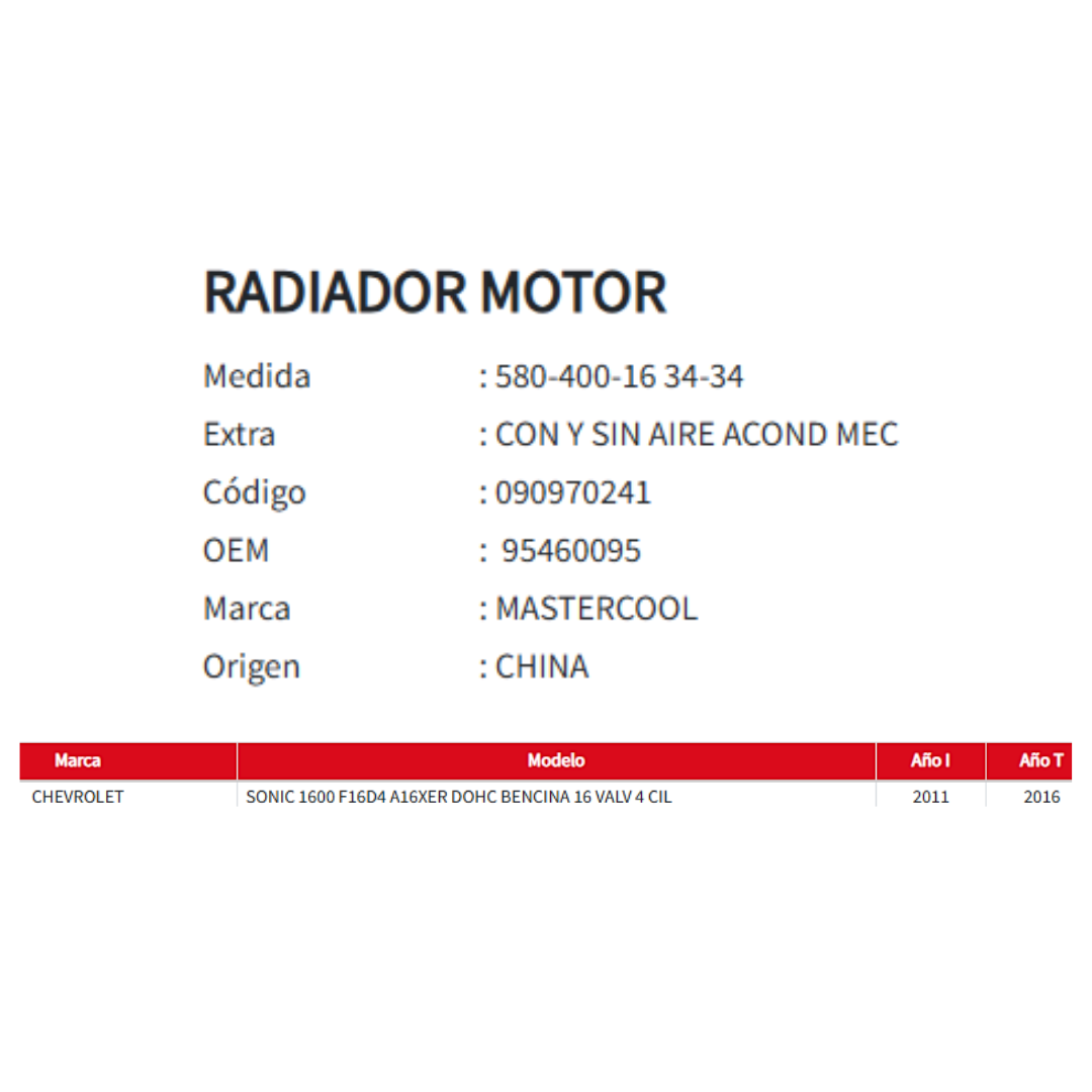 Radiador Motor Chevrolet Sonic 1.6/ 2011-2016