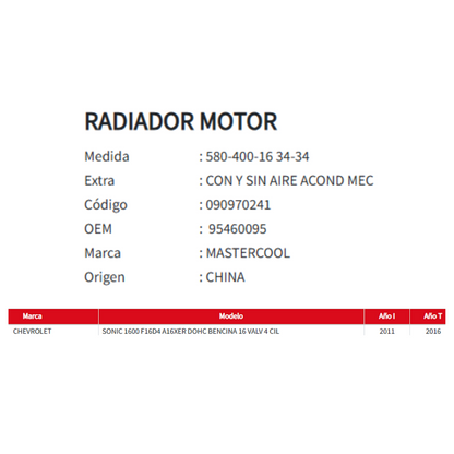 Radiador Motor Chevrolet Sonic 1.6/ 2011-2016