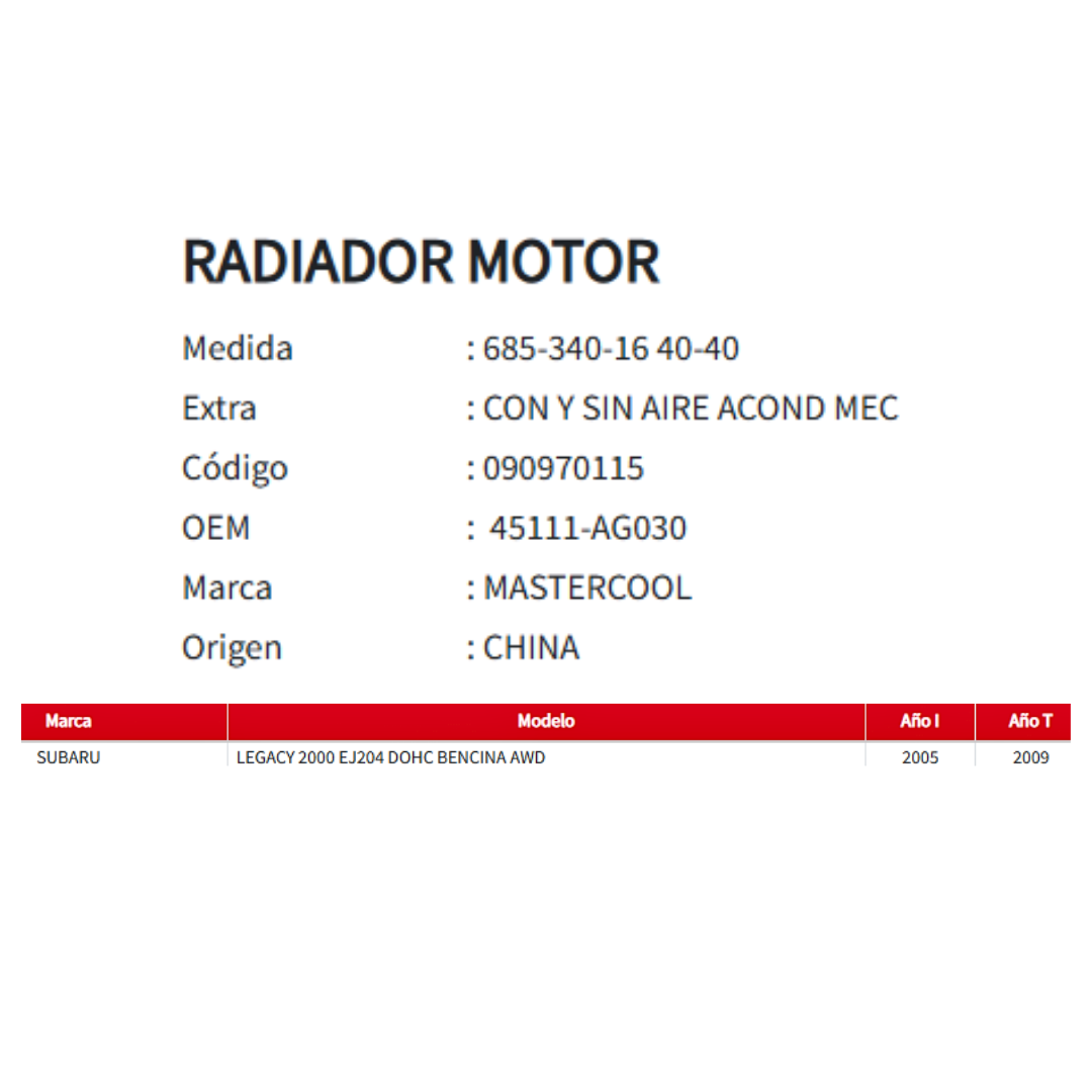 Radiador Motor Subaru Legacy 2.0 (2005–2009)