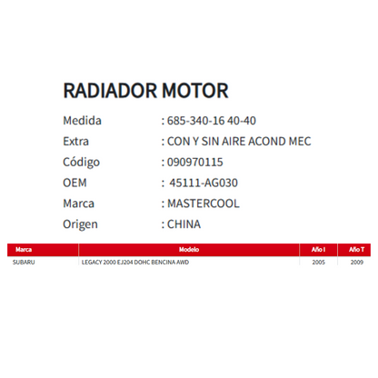 Radiador Motor Subaru Legacy 2.0 (2005–2009)