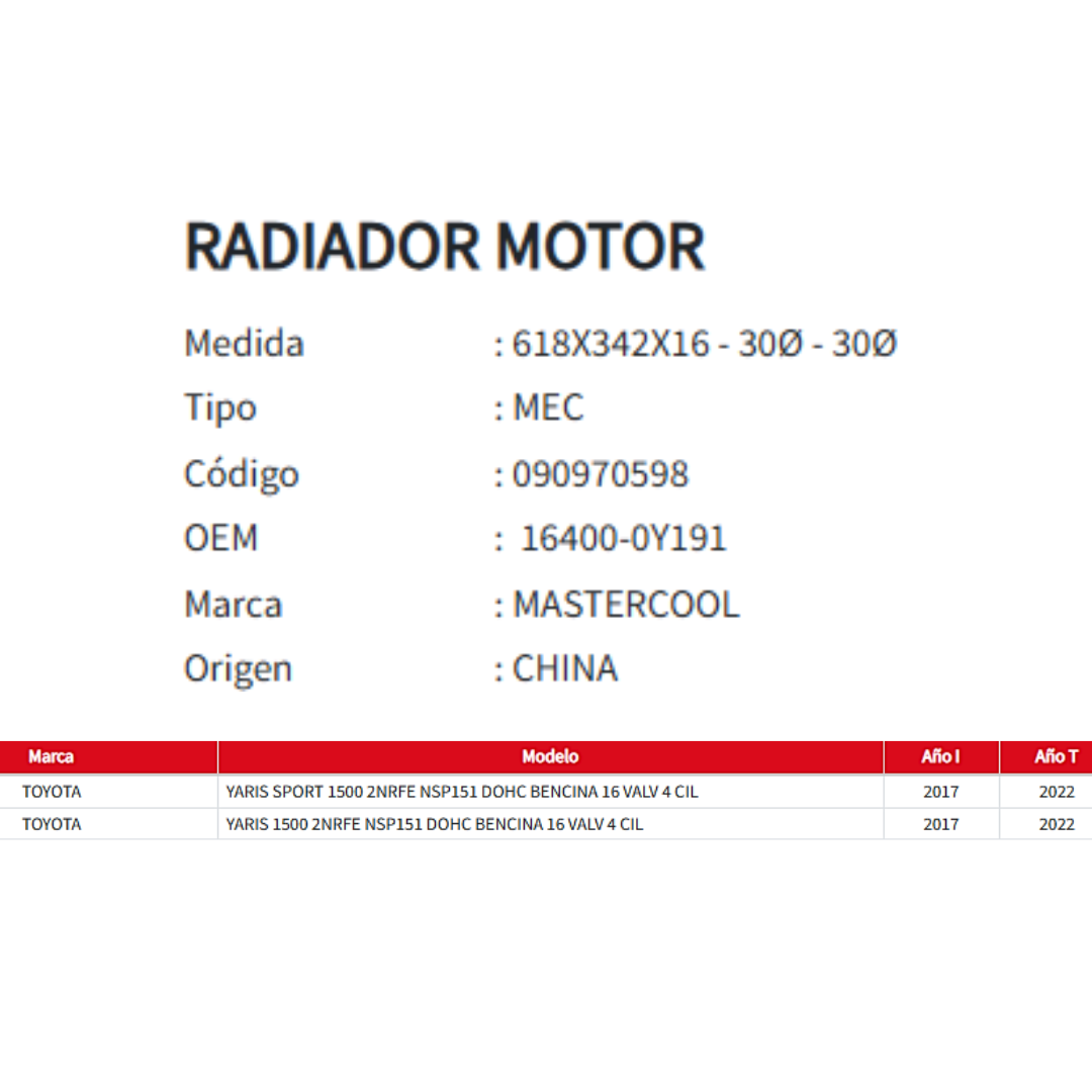 Radiador Motor Toyota Yaris 1.5 (2017-2022)