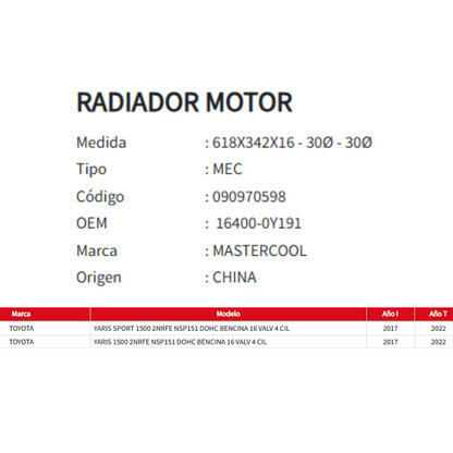 Radiador Motor Toyota Yaris 1.5 (2017-2022)