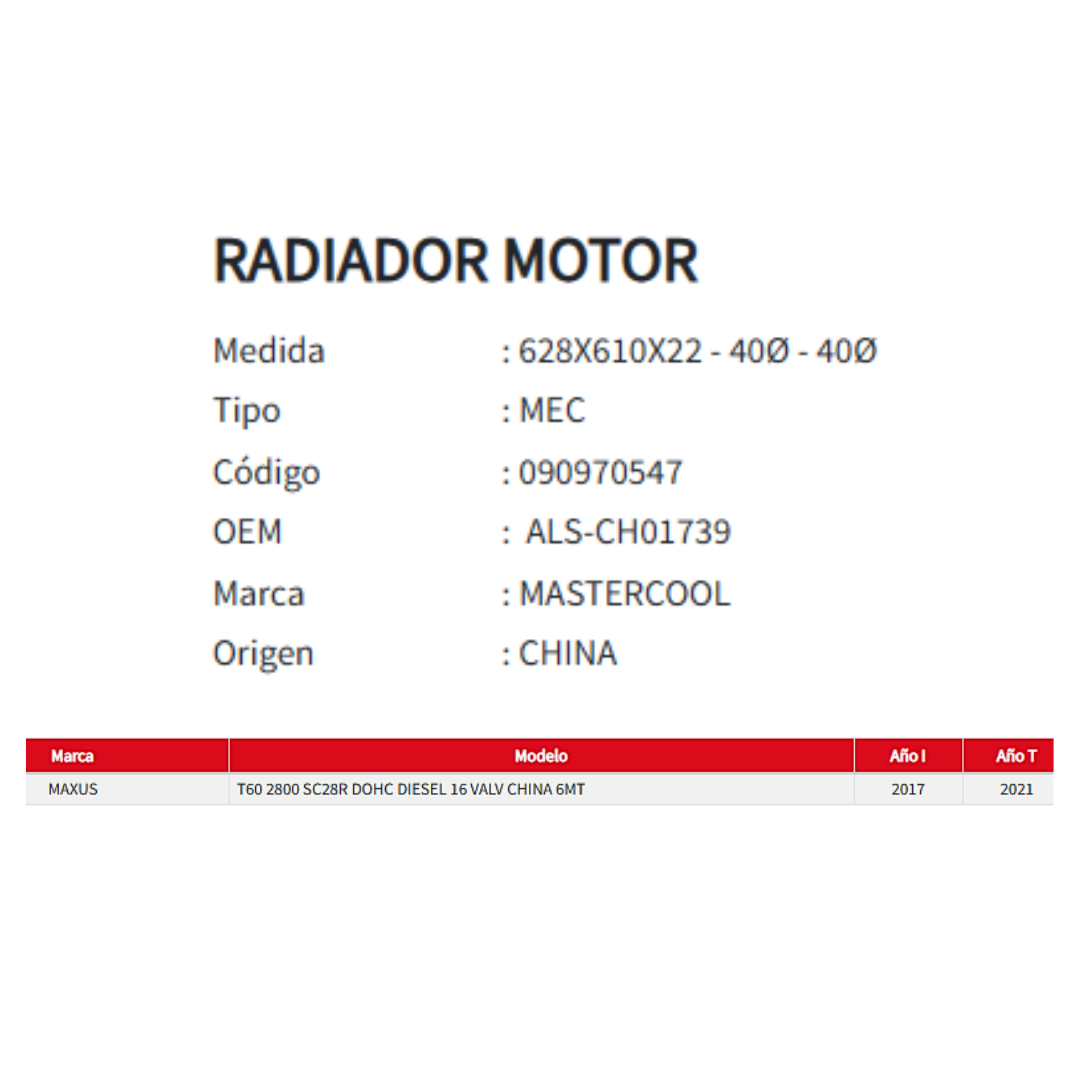 Radiador Motor Maxus T60 2.8 (2017-2021)