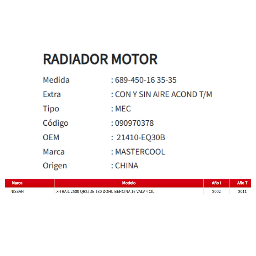 Radiador Motor Nissan X-Trail 2.5 (2002–2011)