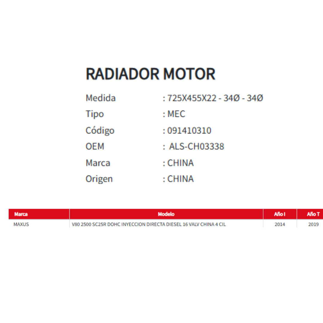 Radiador Motor Maxus V80 2.5 (2014-2019)