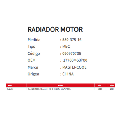 Radiador Motor Suzuki Baleno 1.4 (2016-2020)