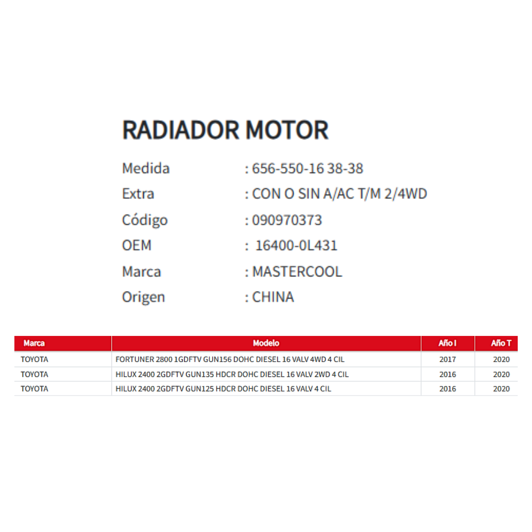 Radiador Motor Toyota Hilux 2.4 / 2.8 (2016-2020)