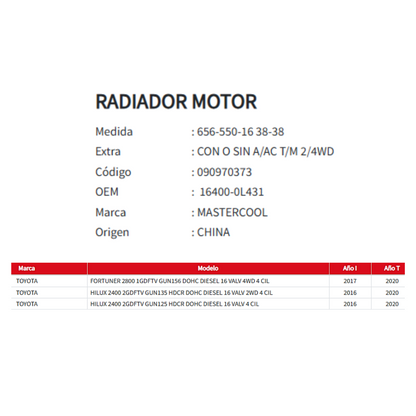 Radiador Motor Toyota Hilux 2.4 / 2.8 (2016-2020)