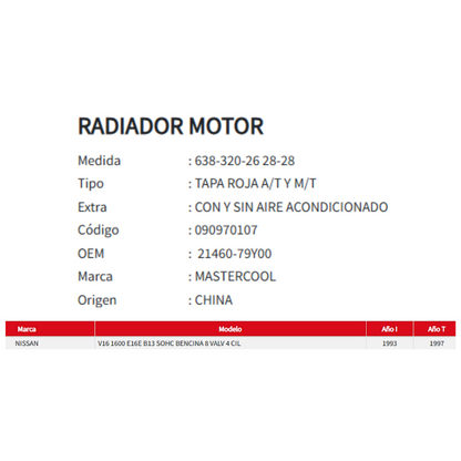Radiador Motor Nissan V16 1.6 1993-1997 TAPA ROJA