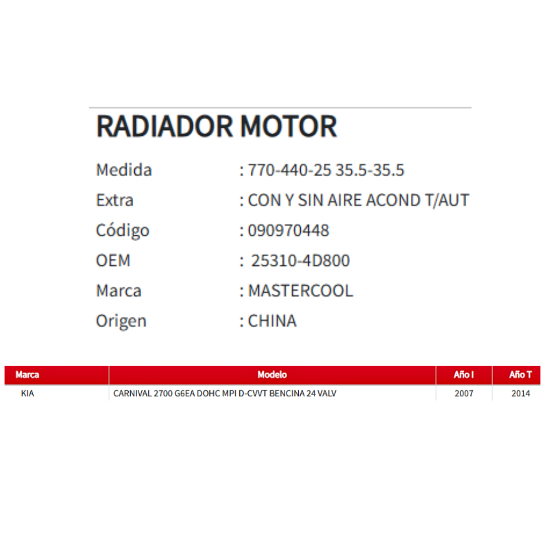Radiador Motor Kia Grand Carnival 2.7 (2007 al 2014)