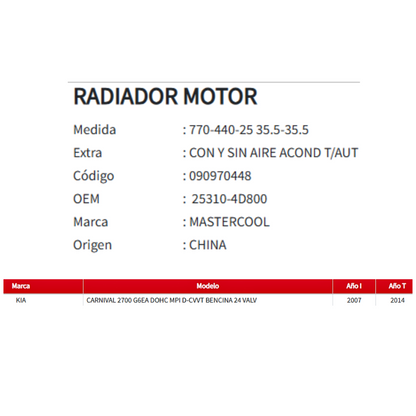 Radiador Motor Kia Grand Carnival 2.7 (2007 al 2014)