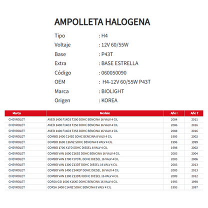 AMPOLLETA HALOGENA H4 P43T BASE ESTRELLA 12V 60/55W