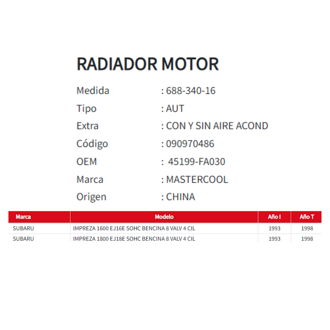 Radiador Motor Subaru Impreza 1.6 / 1.8 (1993–1998)