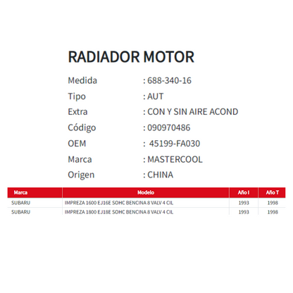 Radiador Motor Subaru Impreza 1.6 / 1.8 (1993–1998)