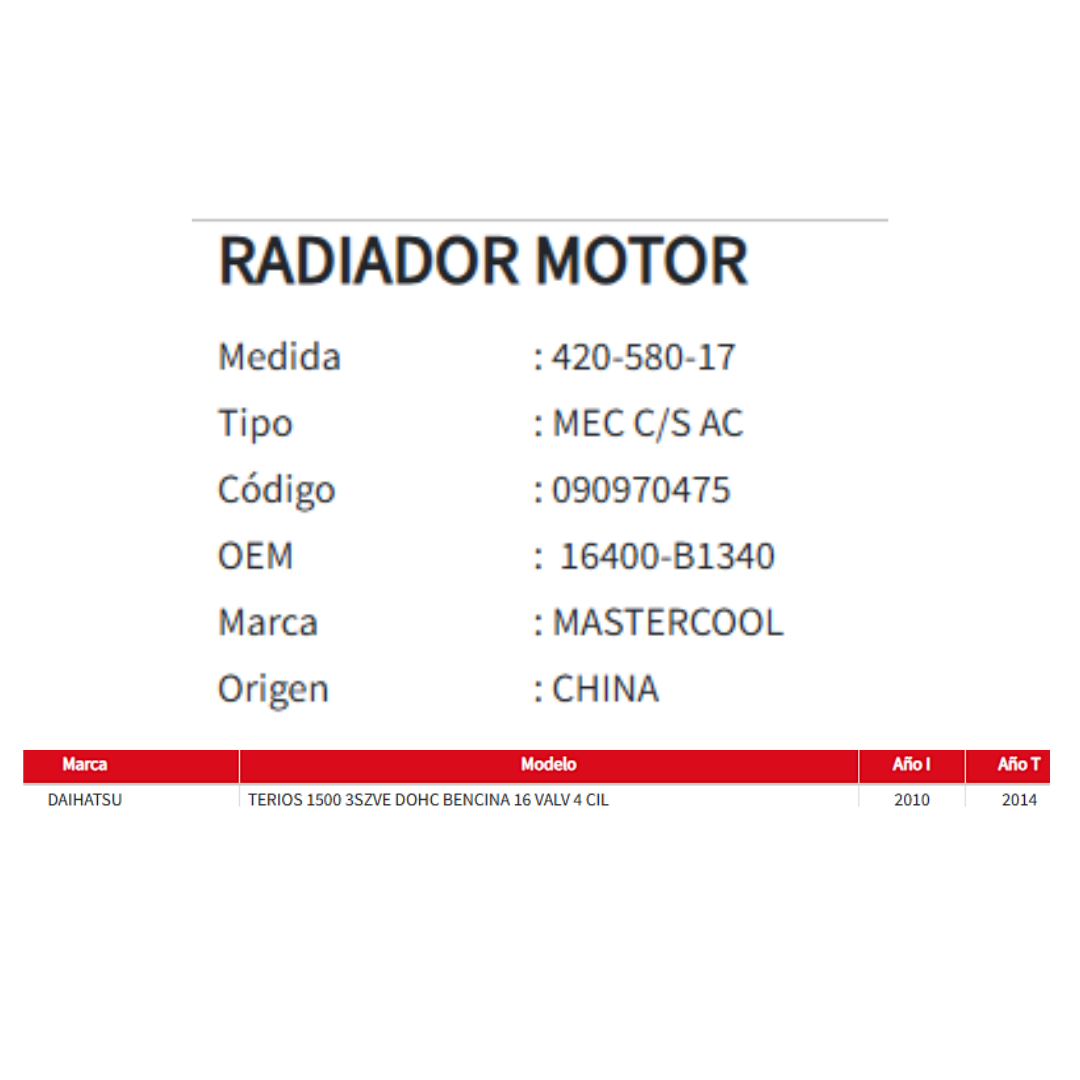 Radiador Motor Daihatsu Terios 1.5 (2010–2014)