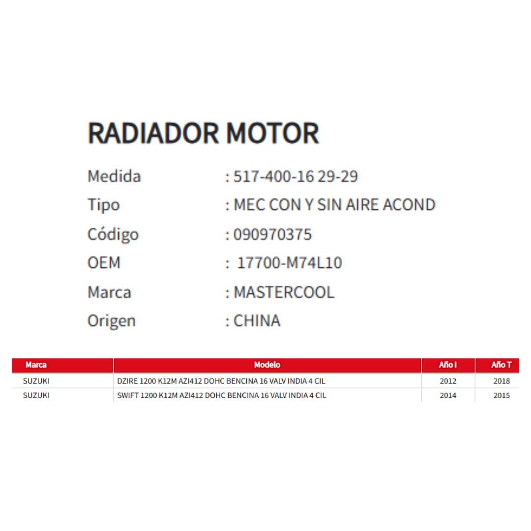 Radiador Motor Suzuki Swift 1.2 (2012-2018)