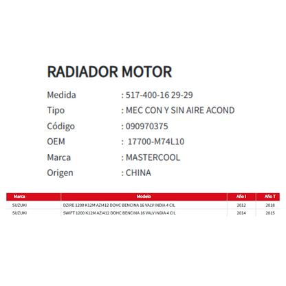 Radiador Motor Suzuki Swift 1.2 (2012-2018)