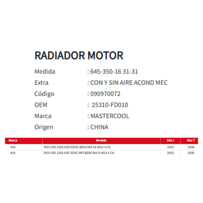 Radiador Motor Kia Rio 1.3 / 1.5 (2003–2006)