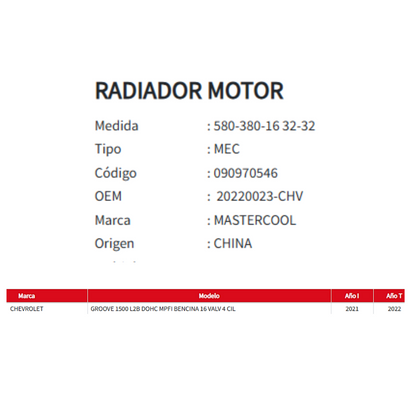 Radiador Motor Chevrolet Groove 1.5 (2021-2022)