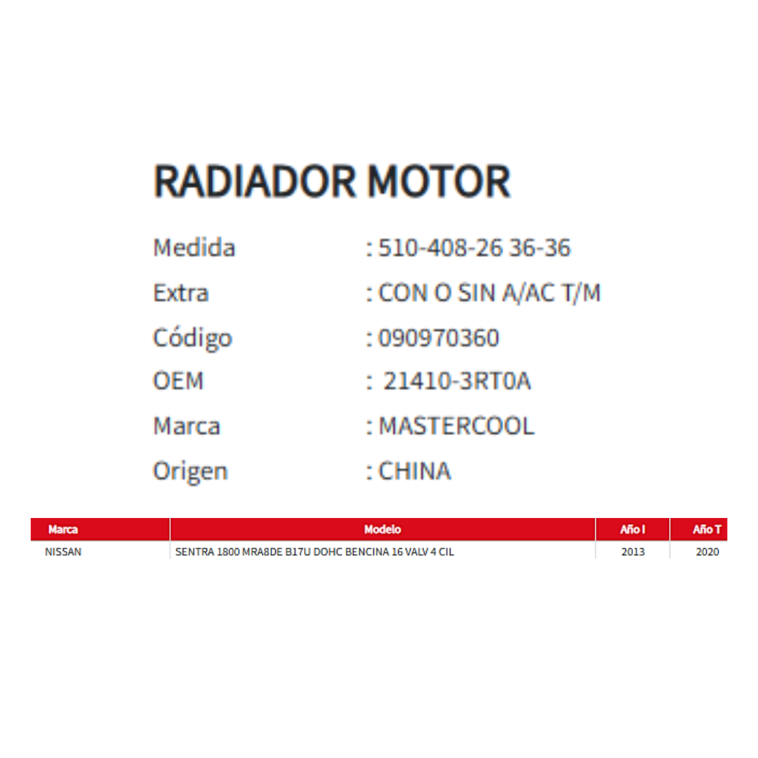 Radiador motor Nissan sentra 1.8 2013-2020