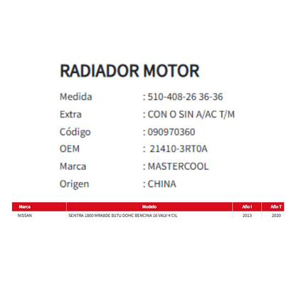 Radiador motor Nissan sentra 1.8 2013-2020