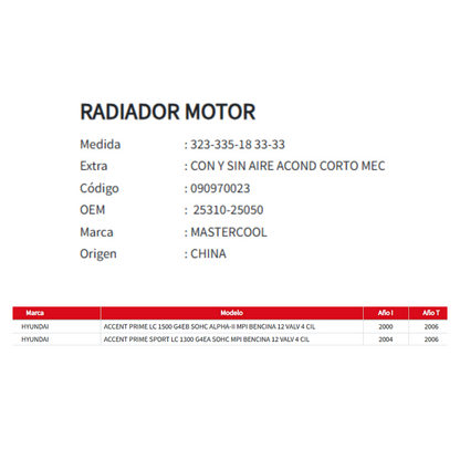 Radiador Motor Hyundai Accent Prime LC / Sport 1.3 / 1.5 (2000 al 2006)