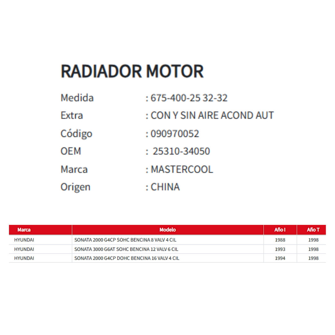Radiador Motor Hyundai Sonata 2.0 / 3.0 (1993 al 1998)
