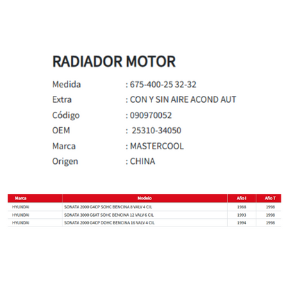 Radiador Motor Hyundai Sonata 2.0 / 3.0 (1993 al 1998)