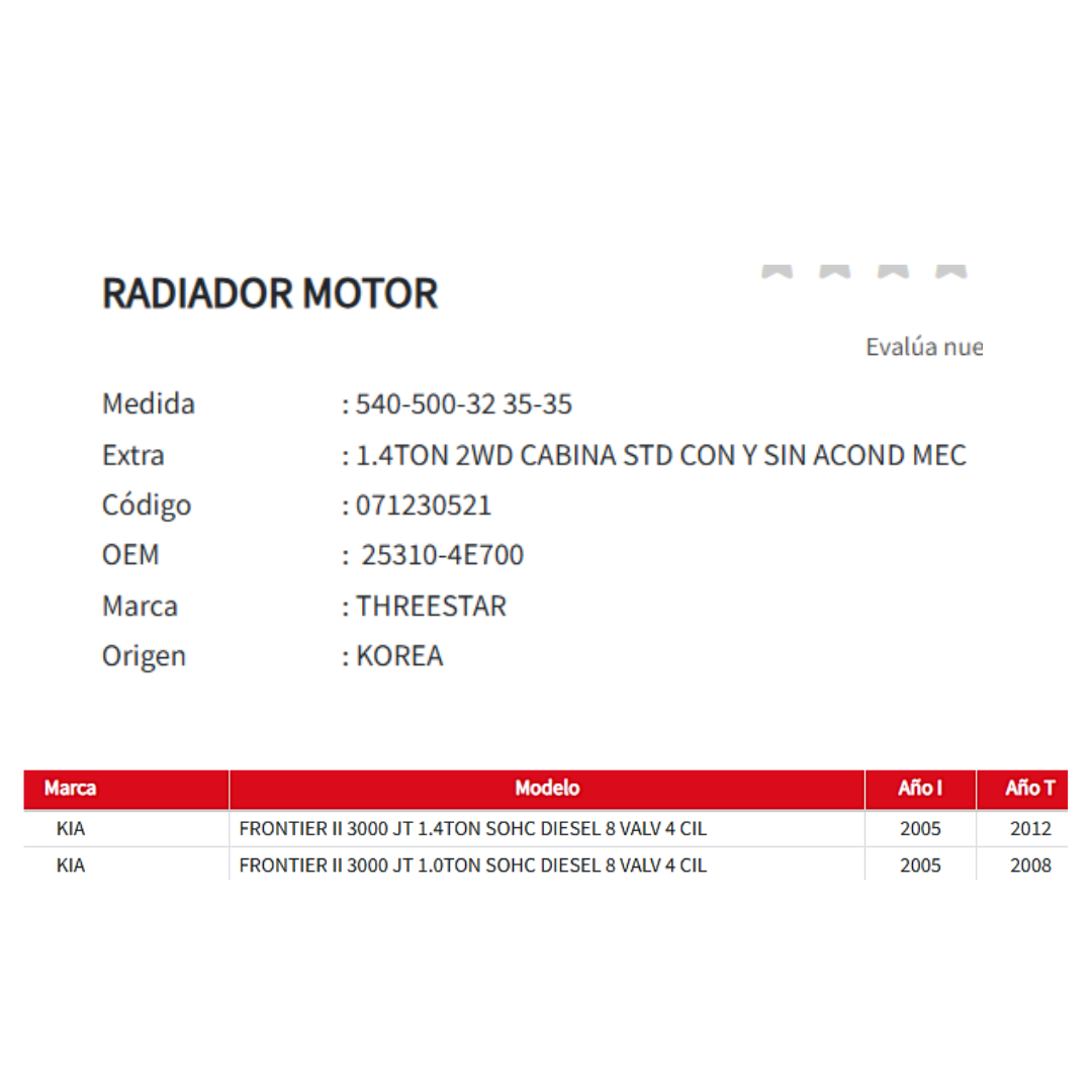 Radiador KIA Frontier II 3.0 (2005–2012)
