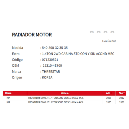 Radiador KIA Frontier II 3.0 (2005–2012)