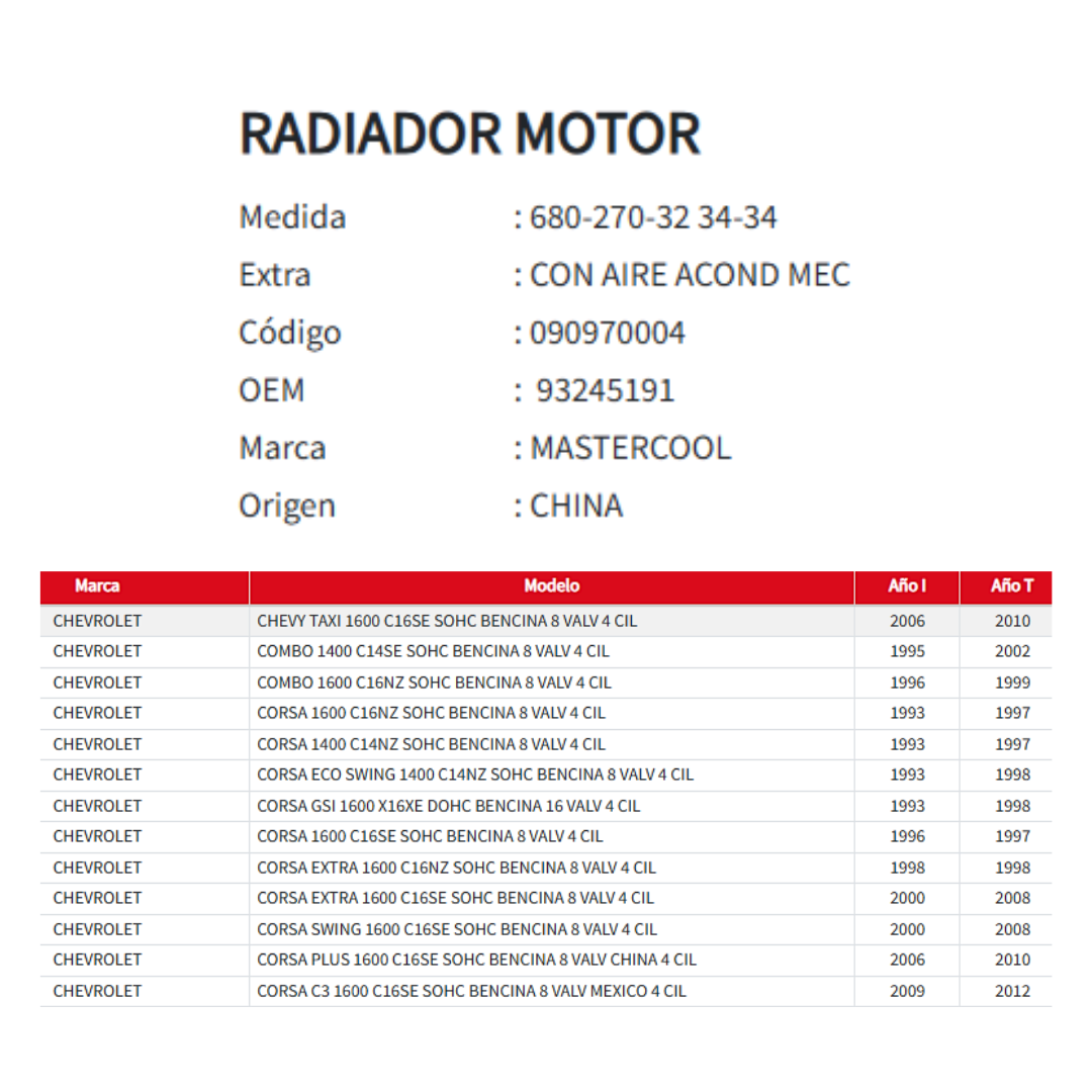 Radiador Motor Chevrolet Corsa/chevy/combo 1.4/1.6  93-12