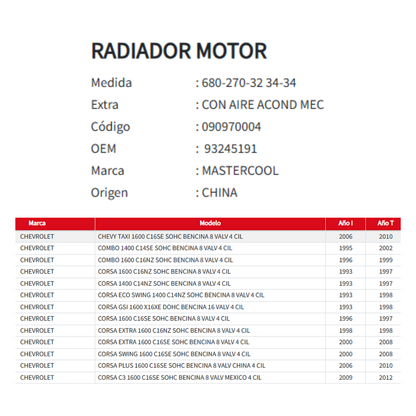 Radiador Motor Chevrolet Corsa/chevy/combo 1.4/1.6  93-12