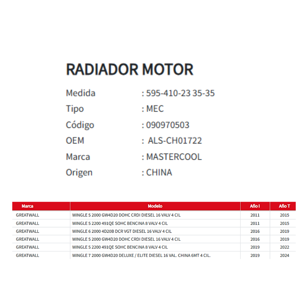 Radiador Motor Great Wall Wingle 2.2 (2011-2024)