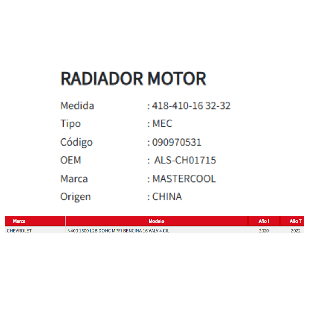 Radiador Motor Chevrolet N400 1.5 2020-2022