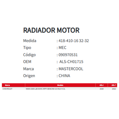 Radiador Motor Chevrolet N400 1.5 2020-2022