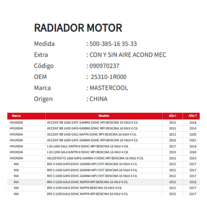 Radiador Motor Hyundai Accent / i20 - Kia Rio 3 - 4 - 5 1.2 / 1.4 / 1.6 (2011 al 2020)