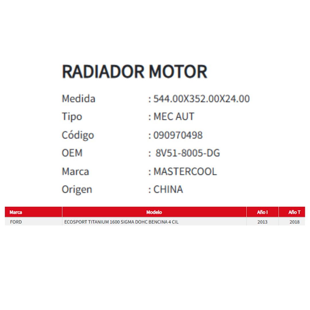 Radiador Motor Ford Ecosport Titanium 1.6 (2013–2018)