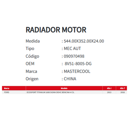 Radiador Motor Ford Ecosport Titanium 1.6 (2013–2018)