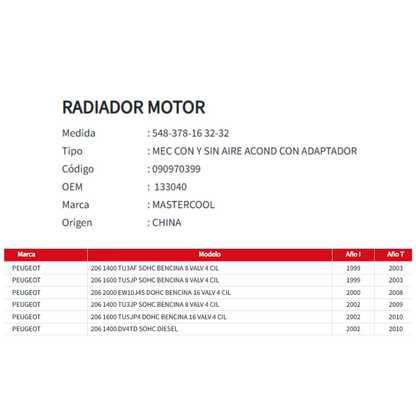 Radiador Motor Peugeot 206 1.4 / 1.6 / 2.0 (1999 al 2010)