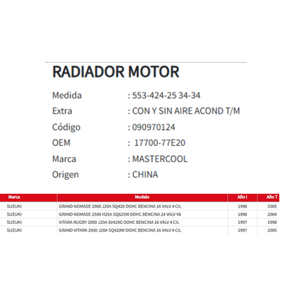 Radiador Motor Suzuki Rugby 2.0 1997-2005