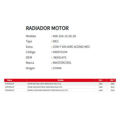 Radiador Motor Chevrolet Spark 0.8 / 1.0 (2004-2016)