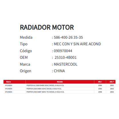 Radiador Motor Hyundai H100 / Porter Au 2.5