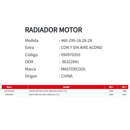 Radiador Motor Chevrolet Spark – Daewoo Matiz 800 (1999–2006)