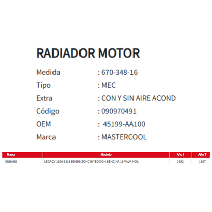 Radiador Subaru Legacy 1.8 1990-1997