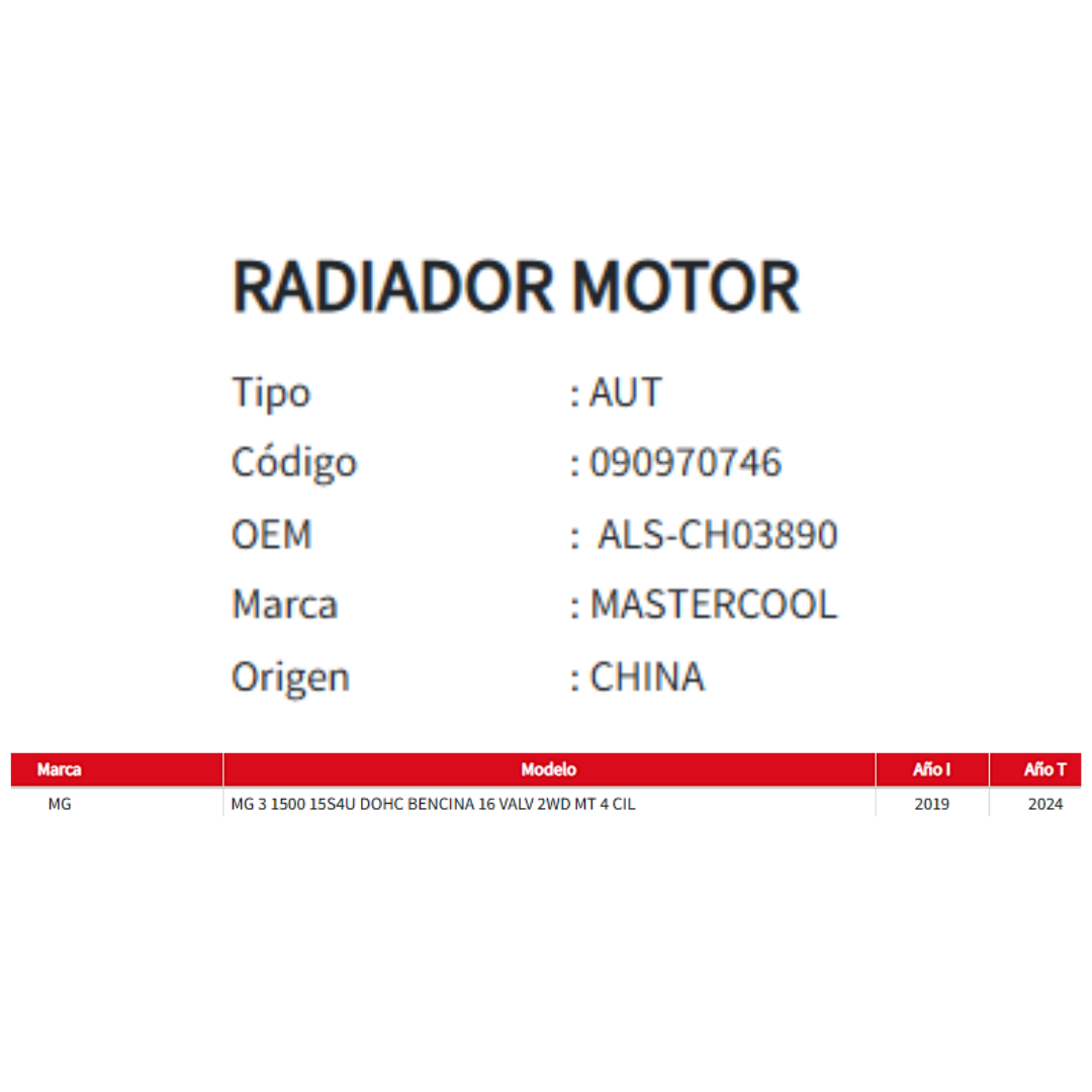 Radiador Motor MG 3 1.5 (2019-2024)