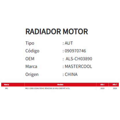 Radiador Motor MG 3 1.5 (2019-2024)