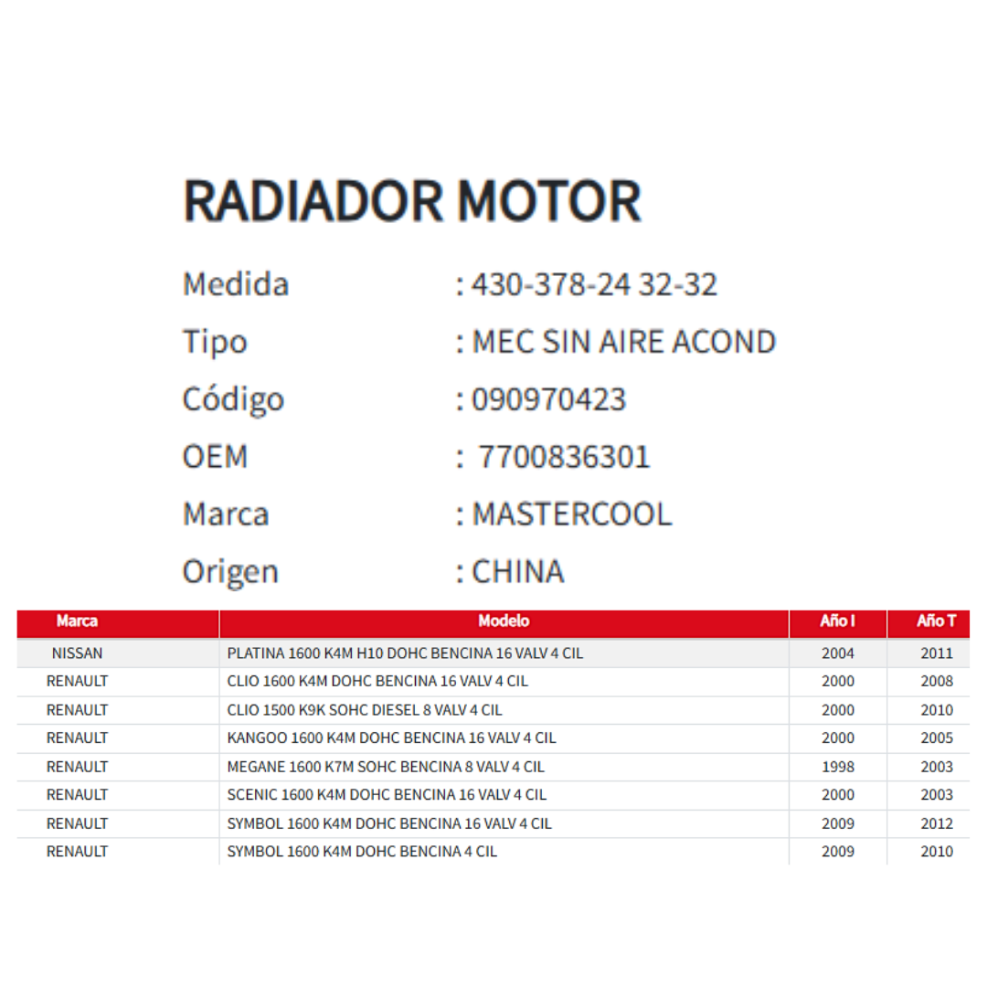 Radiador Motor Nissan Platina / Renault Clio – Kangoo – Megane – Scenic – Symbol 1.5 / 1.6 (1998–2012)
