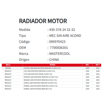 Radiador Motor Nissan Platina / Renault Clio – Kangoo – Megane – Scenic – Symbol 1.5 / 1.6 (1998–2012)